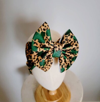 Leopard Shamrock Knit Hair Bow - Headwrap - Clip - Pigtail - Headband - Saint Patrick - Clover - Good Luck - Animal Print - St Patty - Green - image1